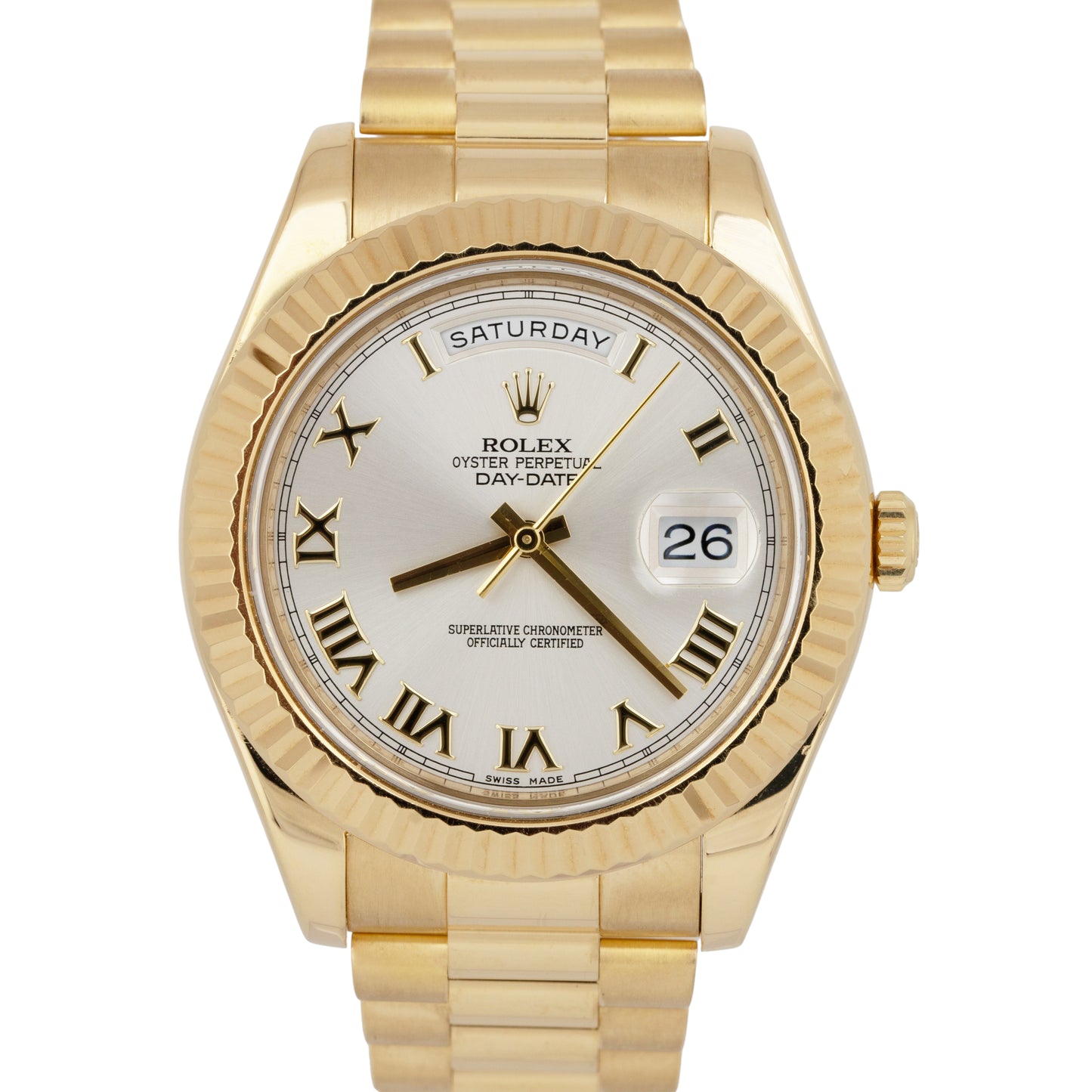 Rolex Day-Date II President 41mm SILVER ROMAN 18K Yellow Gold Watch 218238 BOX