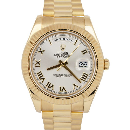 Rolex Day-Date II President 41mm SILVER ROMAN 18K Yellow Gold Watch 218238 BOX