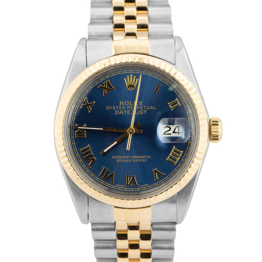 Rolex DateJust 36mm BLUE 18K Yellow Gold Two-Tone Stainless Steel Watch 16013