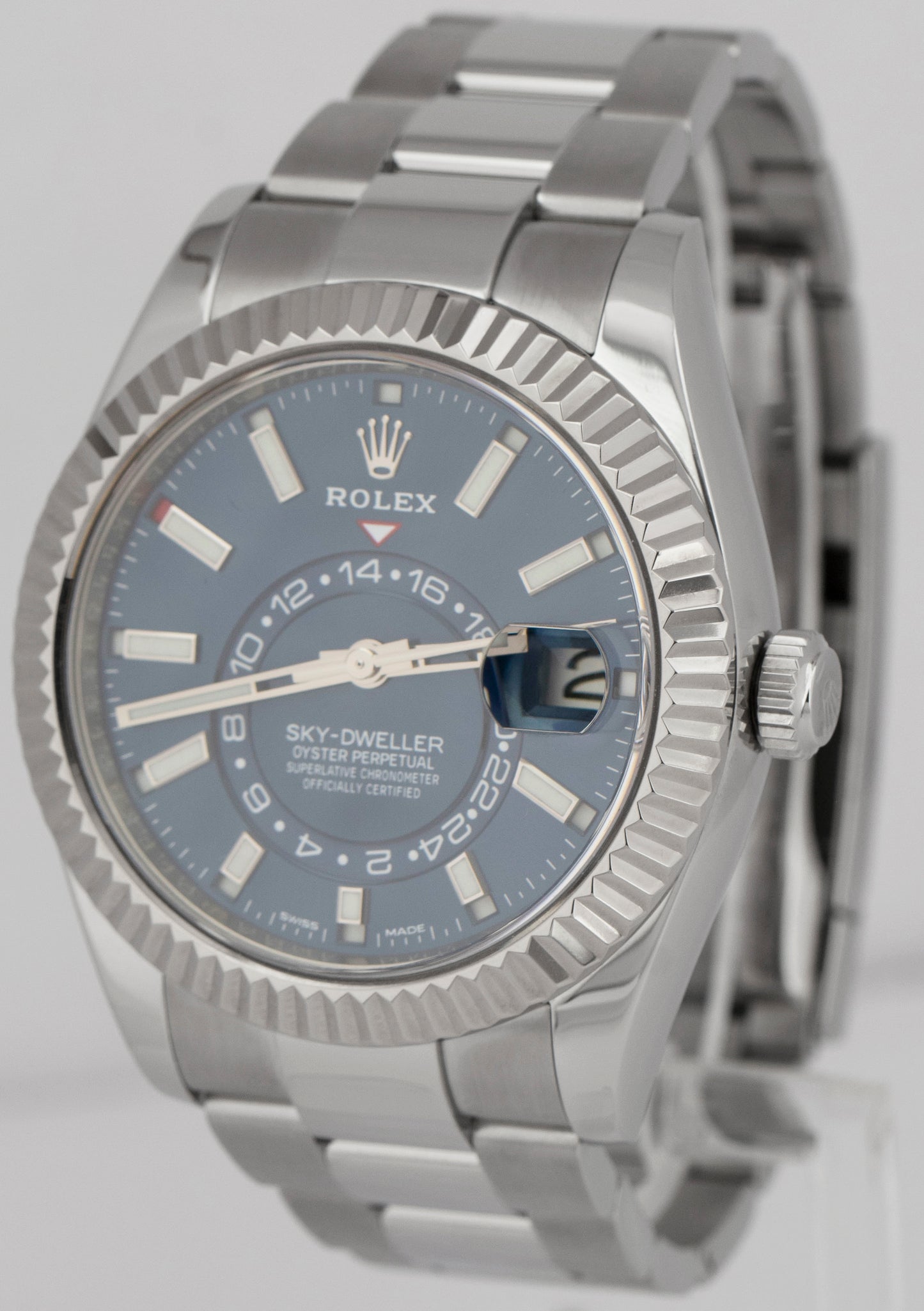 MINT PAPERS Rolex Sky-Dweller BLUE 18K Fluted 42mm Oyster Steel Watch 326934 BOX