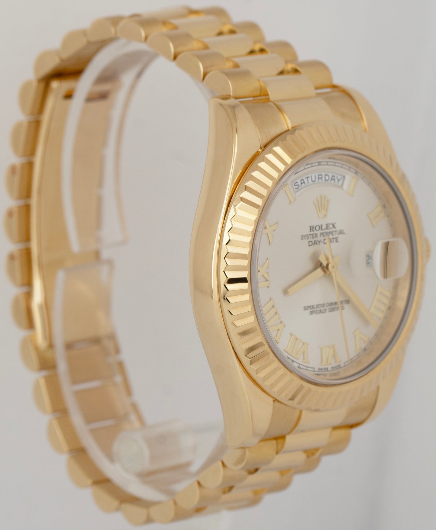 Rolex Day-Date II President 41mm SILVER ROMAN 18K Yellow Gold Watch 218238 BOX