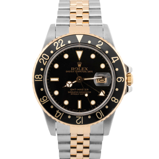 Rolex GMT-Master Black 40mm Two Tone 18K Yellow Gold JUBILEE Date Watch 16753