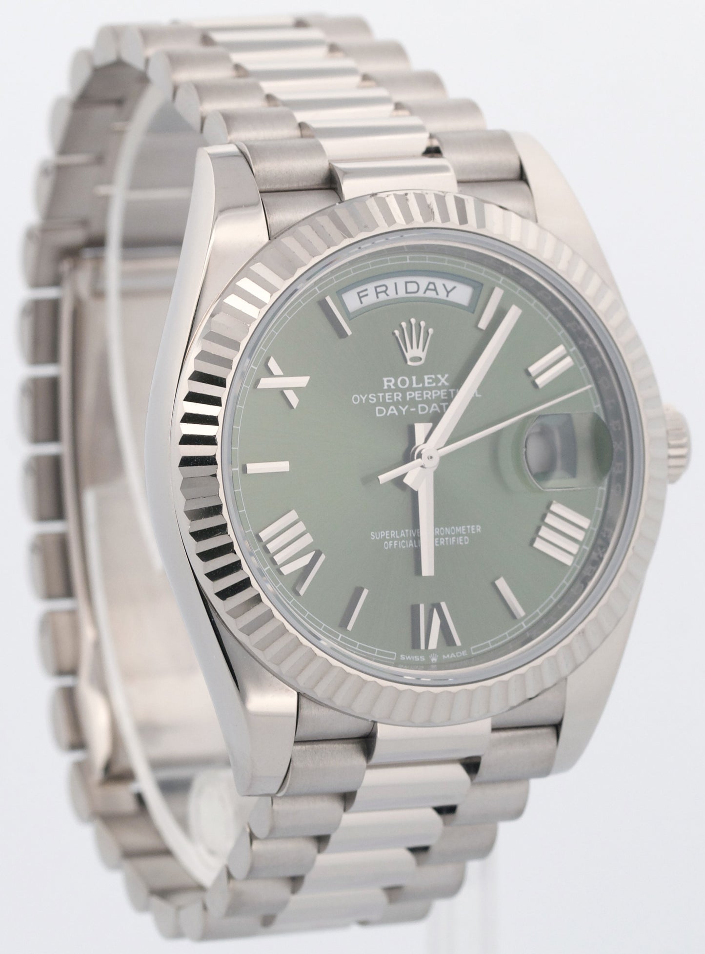 Rolex Day-Date 40mm OLIVE ROMAN Green President 18K White Gold 228239 Watch BOX