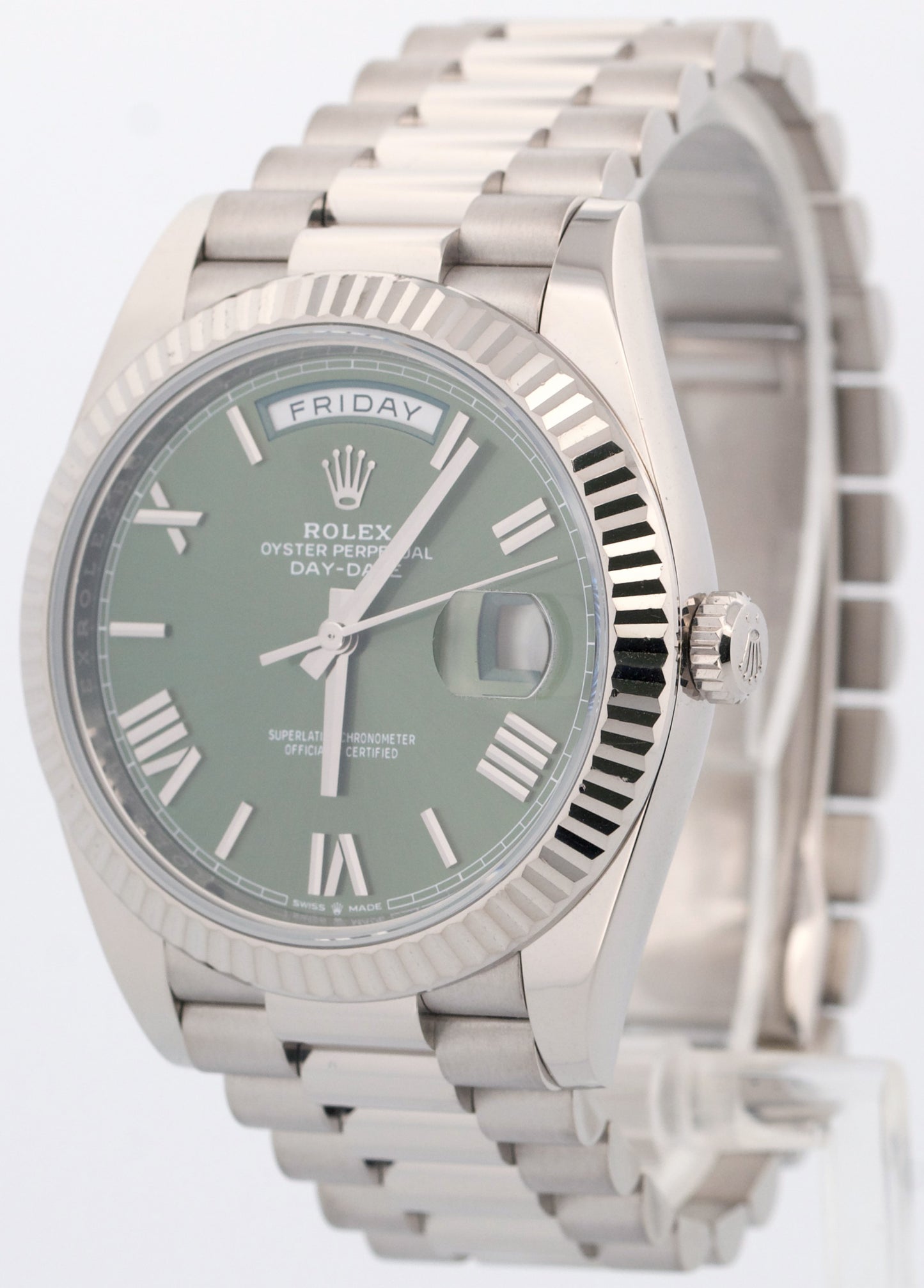 Rolex Day-Date 40mm OLIVE ROMAN Green President 18K White Gold 228239 Watch BOX