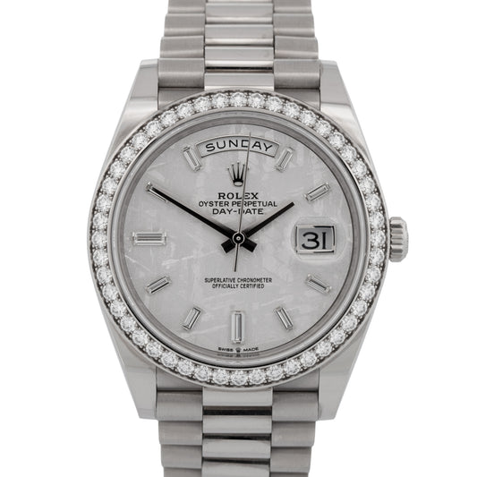 PAPERS Rolex Day-Date 40mm METEORITE BAGUETTE DIAMOND 18K White Gold 228349 RBR