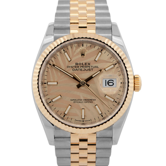 2022 PAPERS Rolex DateJust CHAMPAGNE PALM MOTIF Two-Tone 36mm 126233 Watch BOX