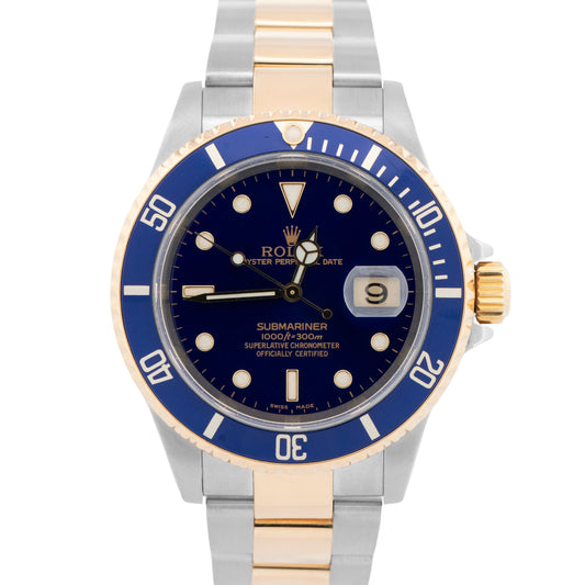 PAPERS Rolex Submariner 40mm BLUE Two-Tone 18K Gold Steel GOLD BUCKLE 16613 BOX