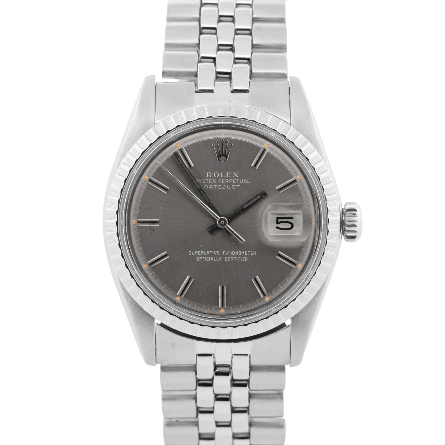 Rolex DateJust 36mm Silver Stainless Steel Engine Turned Jubilee Watch 1603