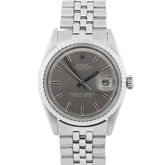 Rolex DateJust 36mm Silver Stainless Steel Engine Turned Jubilee Watch 1603
