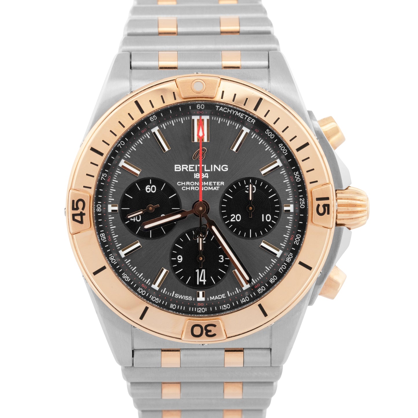 PAPERS Breitling Chronomat B01 42mm GRAY Two-Tone Gold Steel Watch UB0134 BOX