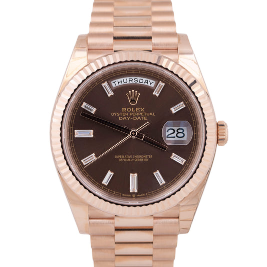 MINT PAPERS Rolex Day-Date 40mm President BAGUETTE Chocolate 18K Rose 228235 BOX