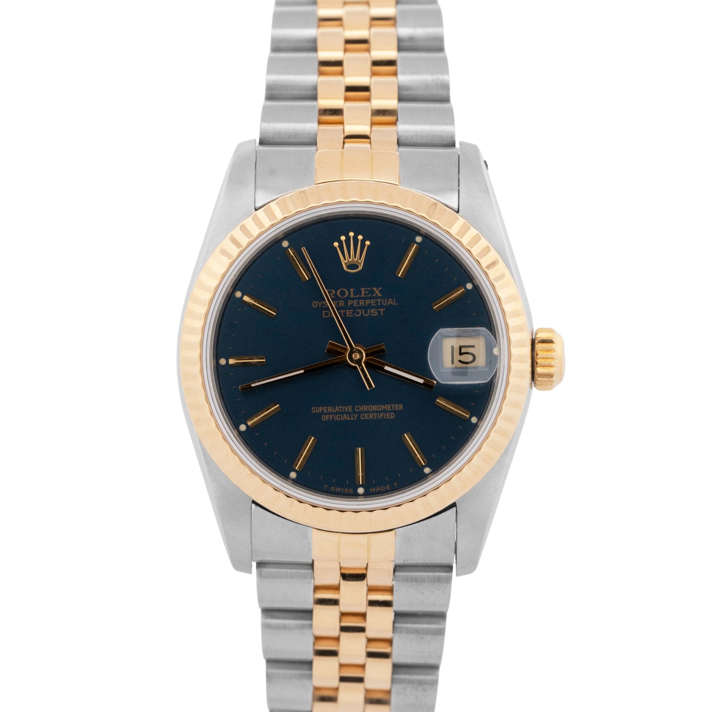 Rolex DateJust 31mm Midsize Two-Tone BLUE 18K Yellow Gold Fluted Watch 68273