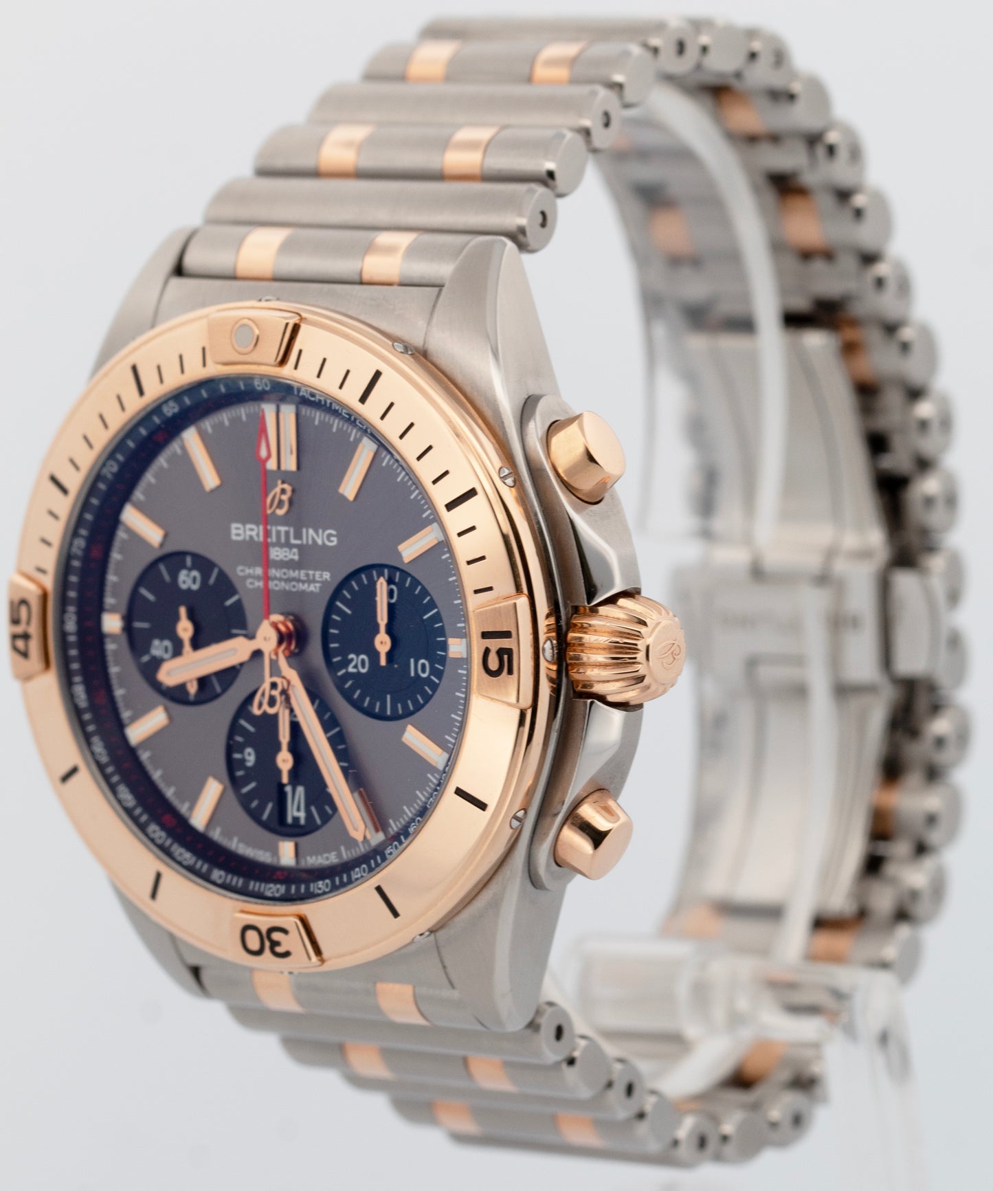 PAPERS Breitling Chronomat B01 42mm GRAY Two-Tone Gold Steel Watch UB0134 BOX