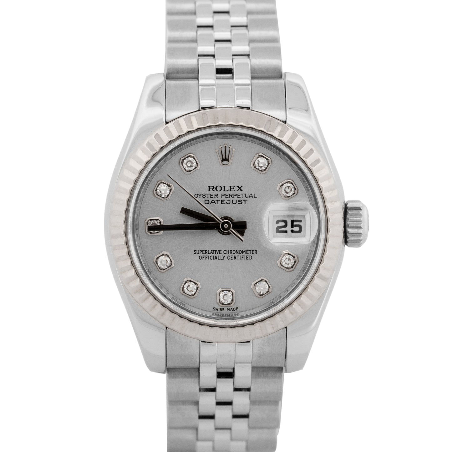 2010 Rolex DateJust 179174 Diamond Silver Steel Jubilee 26mm Watch Box Papers