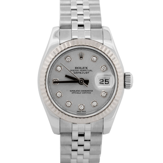 2010 Rolex DateJust 179174 Diamond Silver Steel Jubilee 26mm Watch Box Papers