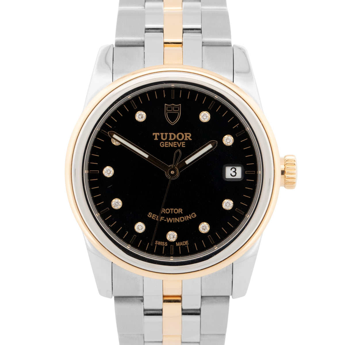 Tudor Glamour Date 55003 Black Diamond Two-Tone Yellow Gold Steel 36mm Watch