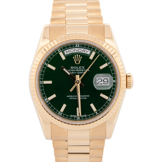 2022 RSC Rolex Day-Date President GREEN 18K Yellow Gold 36mm 118238 Watch BOX
