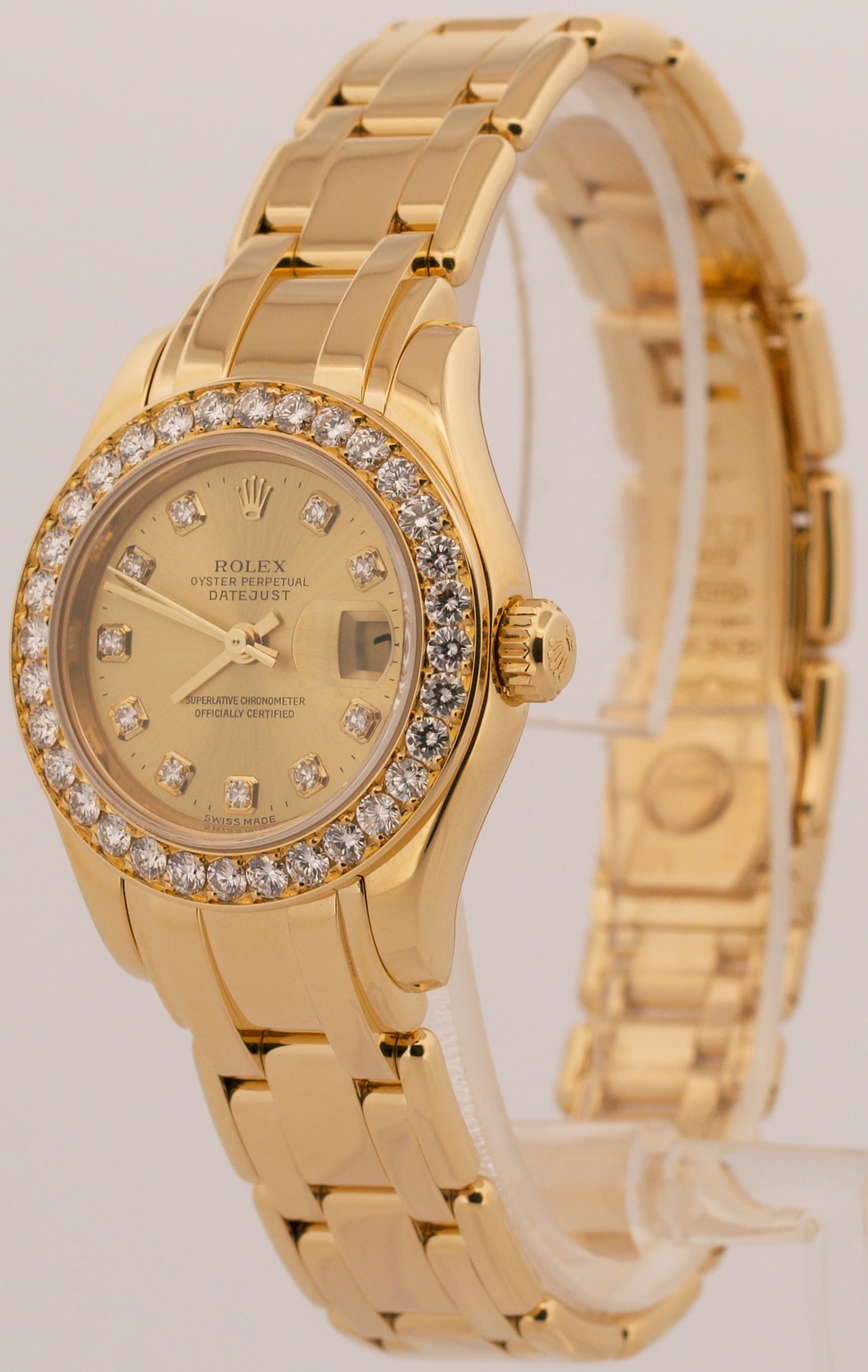 2001 PAPERS Rolex DateJust Pearlmaster CHAMPAGNE DIAMOND 18K Gold 29mm 80298 BOX