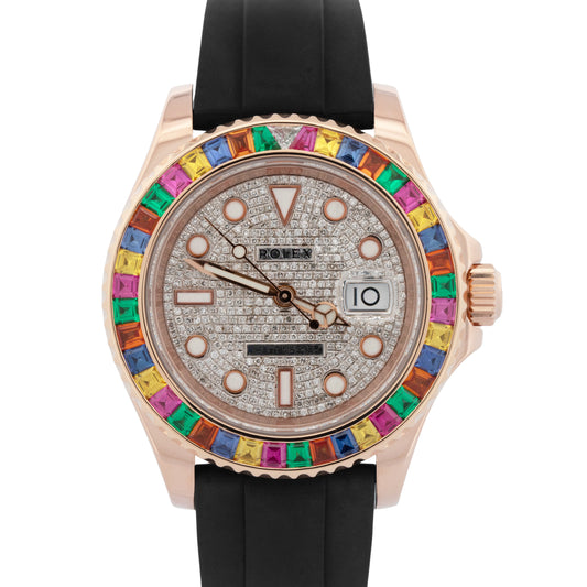 Rolex Yacht-Master 18k Rose Gold RAINBOW SAPPHIRE DIAMOND Black 40mm 116655
