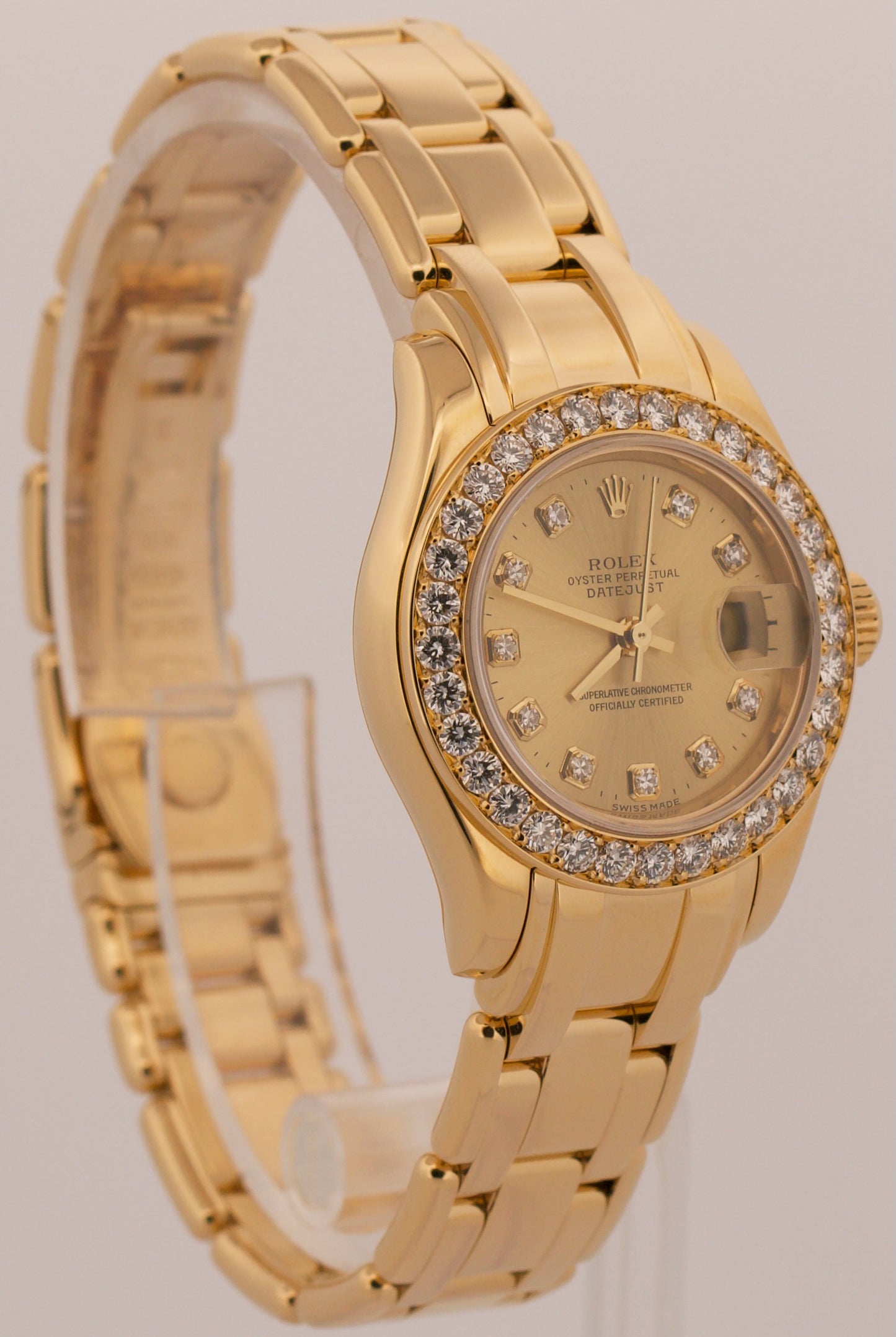 2001 PAPERS Rolex DateJust Pearlmaster CHAMPAGNE DIAMOND 18K Gold 29mm 80298 BOX