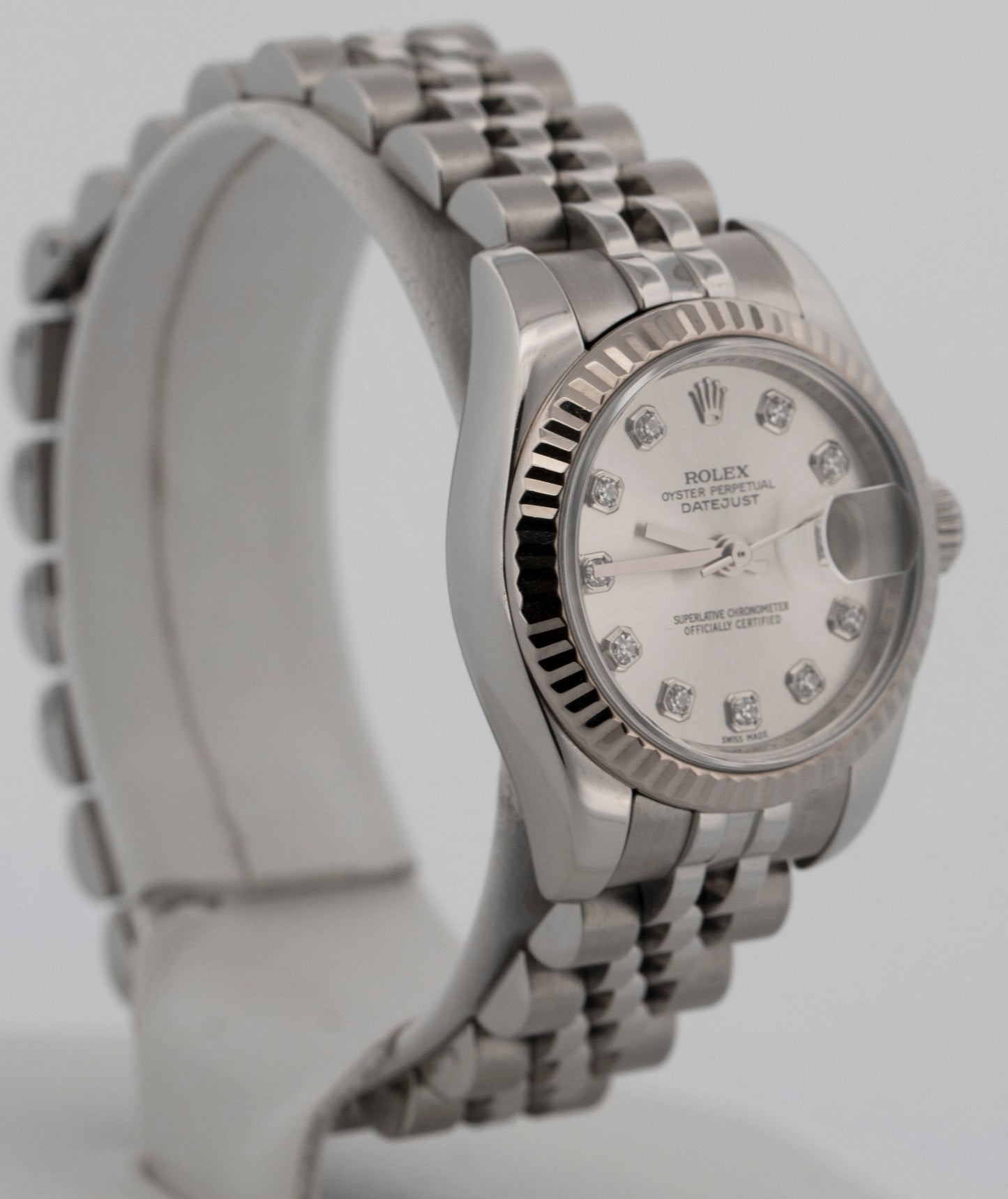 2010 Rolex DateJust 179174 Diamond Silver Steel Jubilee 26mm Watch Box Papers
