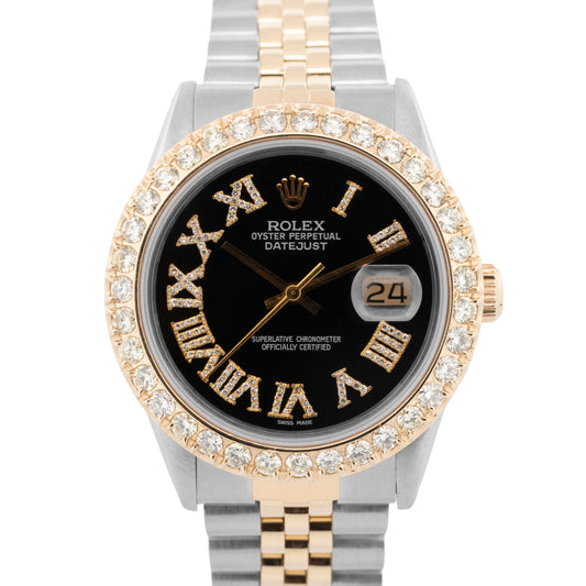 Rolex DateJust 36mm Black DIAMOND 18K Yellow Gold Two-Tone Steel Watch 16013