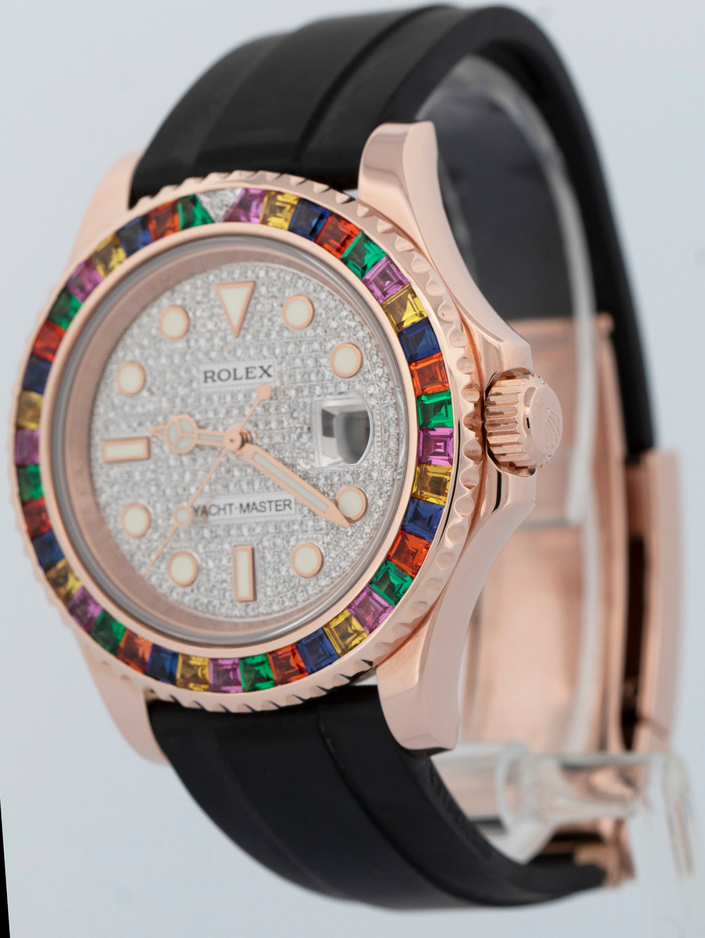 Rolex Yacht-Master 18k Rose Gold RAINBOW SAPPHIRE DIAMOND Black 40mm 116655
