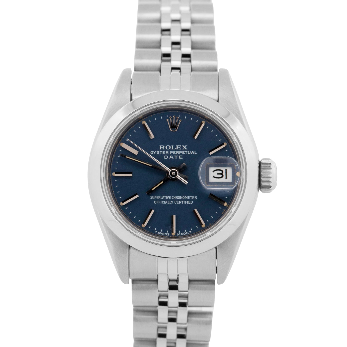 PAPERS Ladies Rolex Date 26mm Blue Stainless Steel Jubilee Watch 69160 BOX