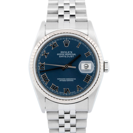 PAPERS Rolex DateJust Blue Roman 36mm Stainless White Gold Watch 16234 BOX