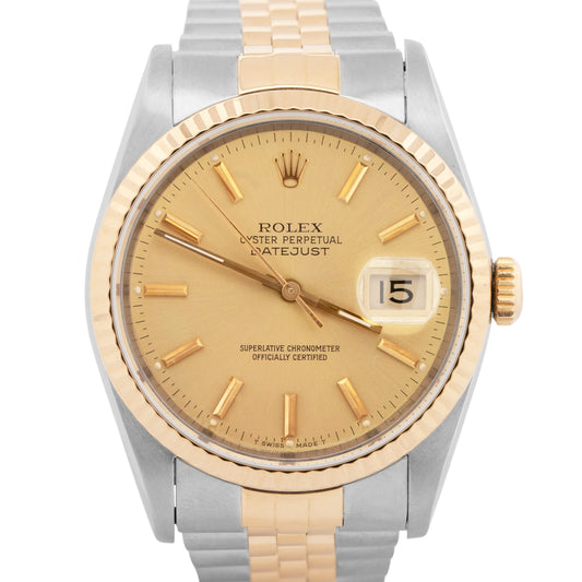 PAPERS Rolex DateJust 36mm Champagne 18K Yellow Gold Steel JUBILEE 16233 BOX