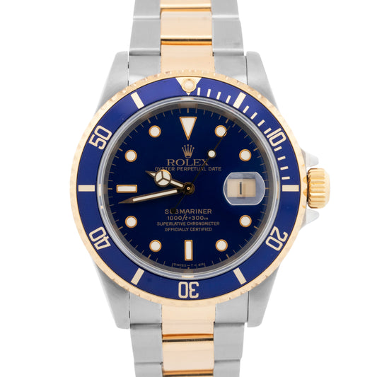 Rolex Submariner Date 40mm BLUE Two-Tone 18K Gold Stainless 16613 Watch BOX