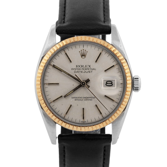 Rolex DateJust 36mm Two-Tone Steel Yellow Gold Silver Leather 16013 Watch