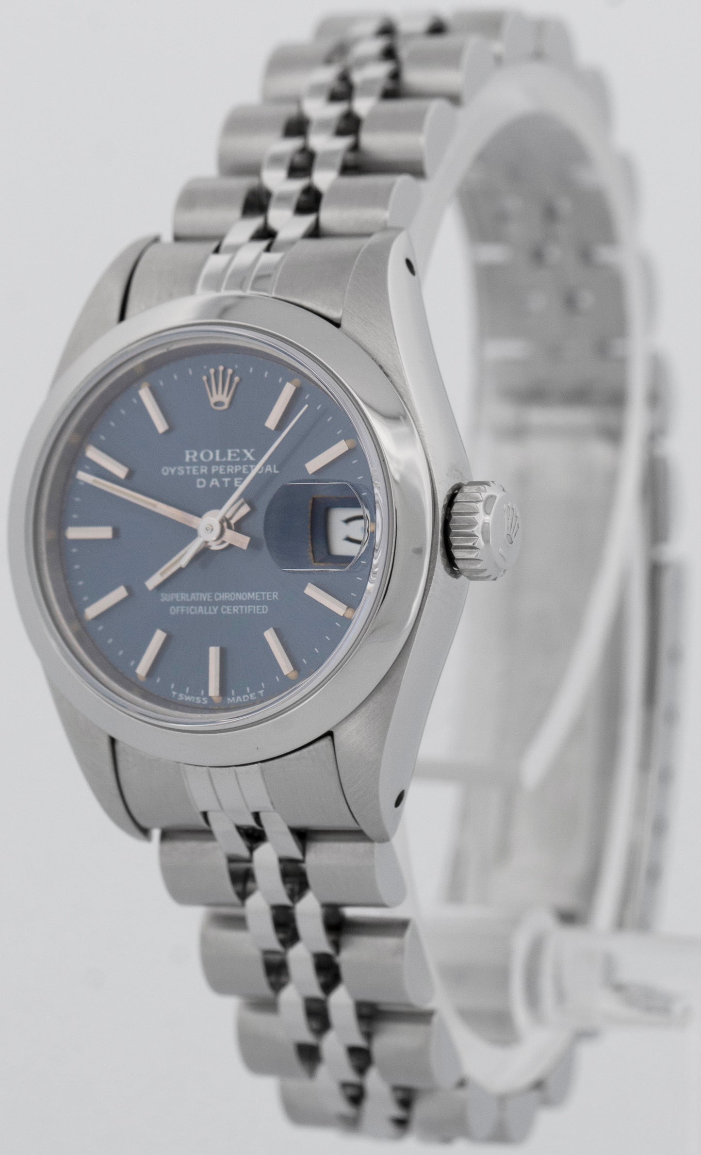 PAPERS Ladies Rolex Date 26mm Blue Stainless Steel Jubilee Watch 69160 BOX