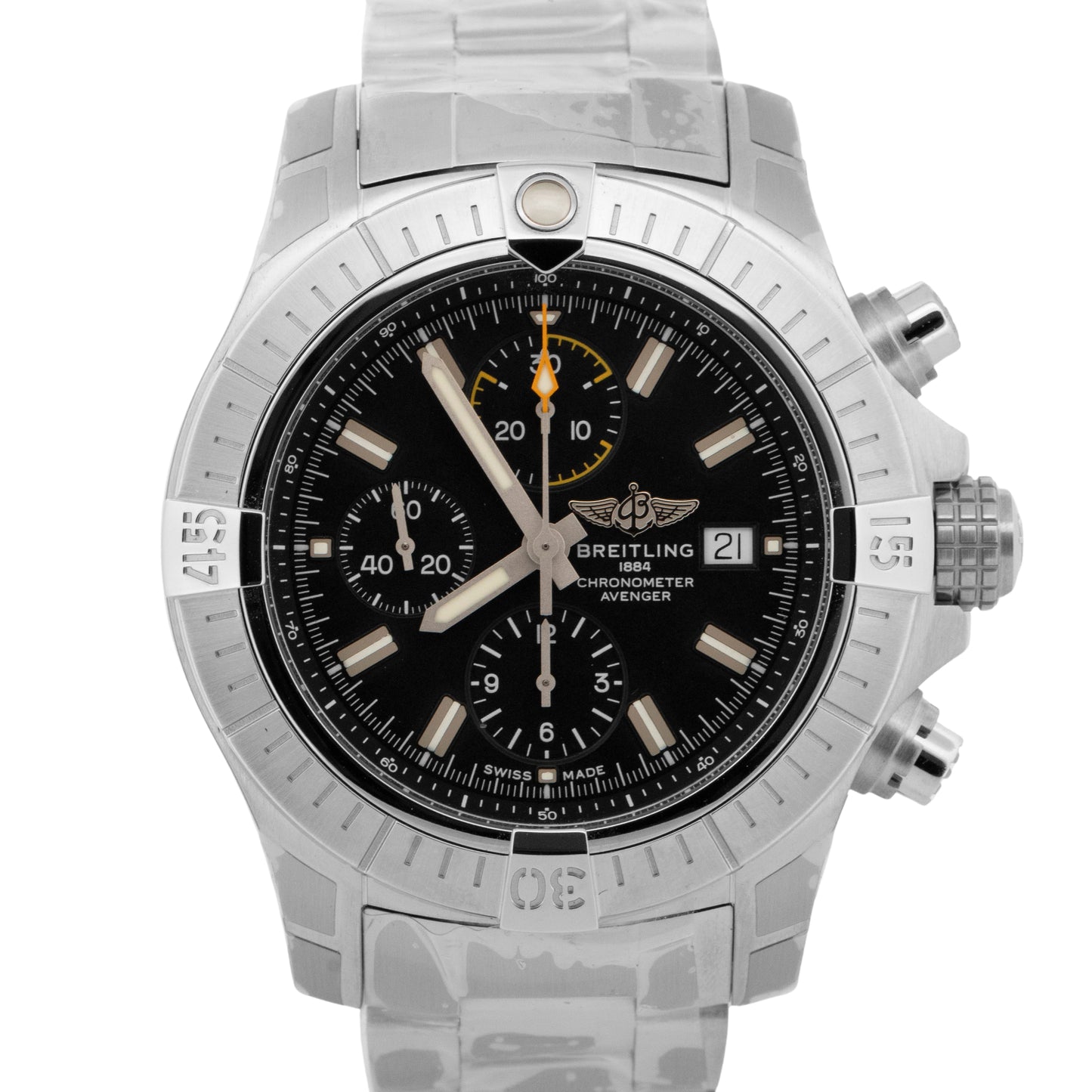 NEW PAPERS Breitling Avenger Chronograph 45 BLACK Steel 45mm A13317 Watch BOX