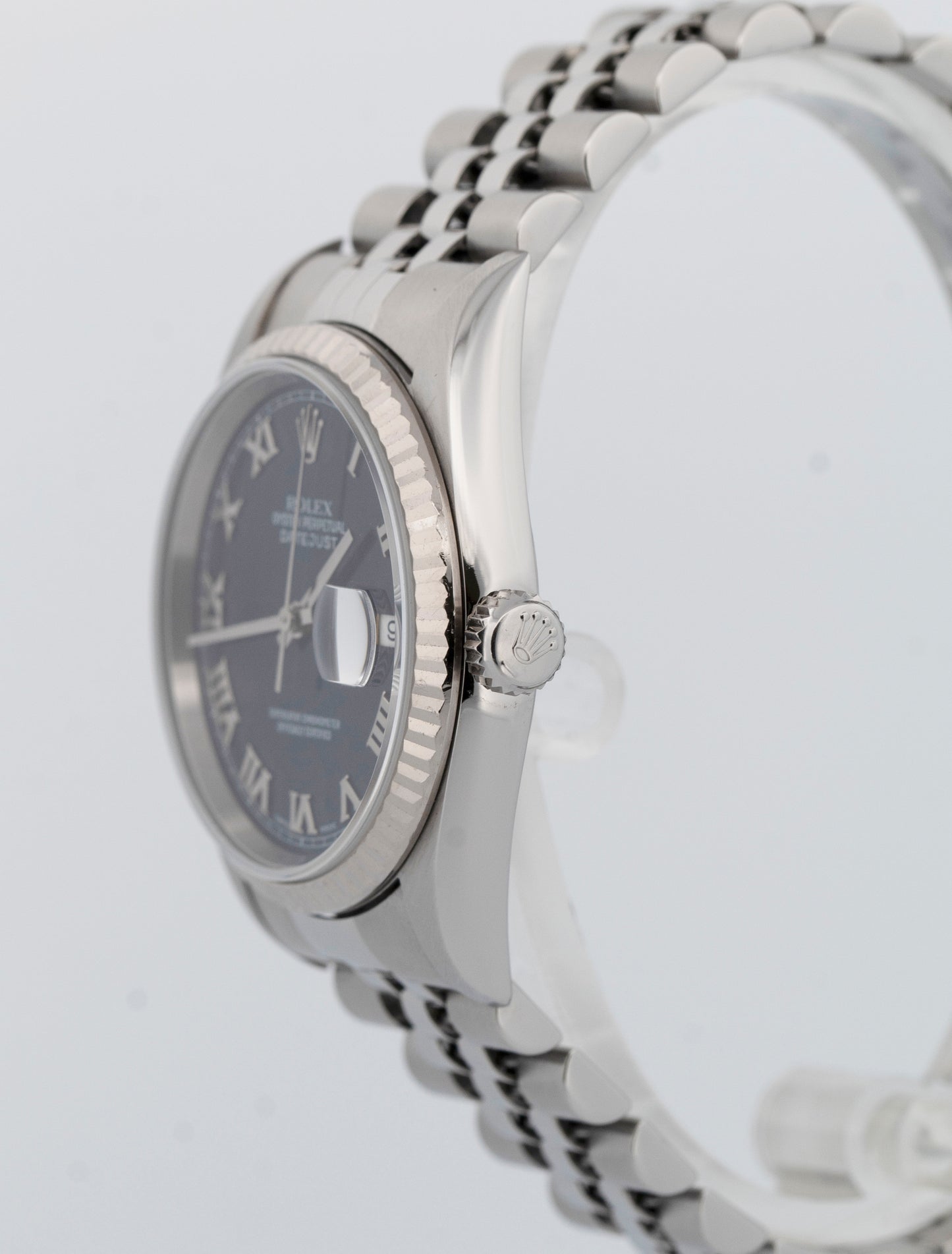 PAPERS Rolex DateJust Blue Roman 36mm Stainless White Gold Watch 16234 BOX