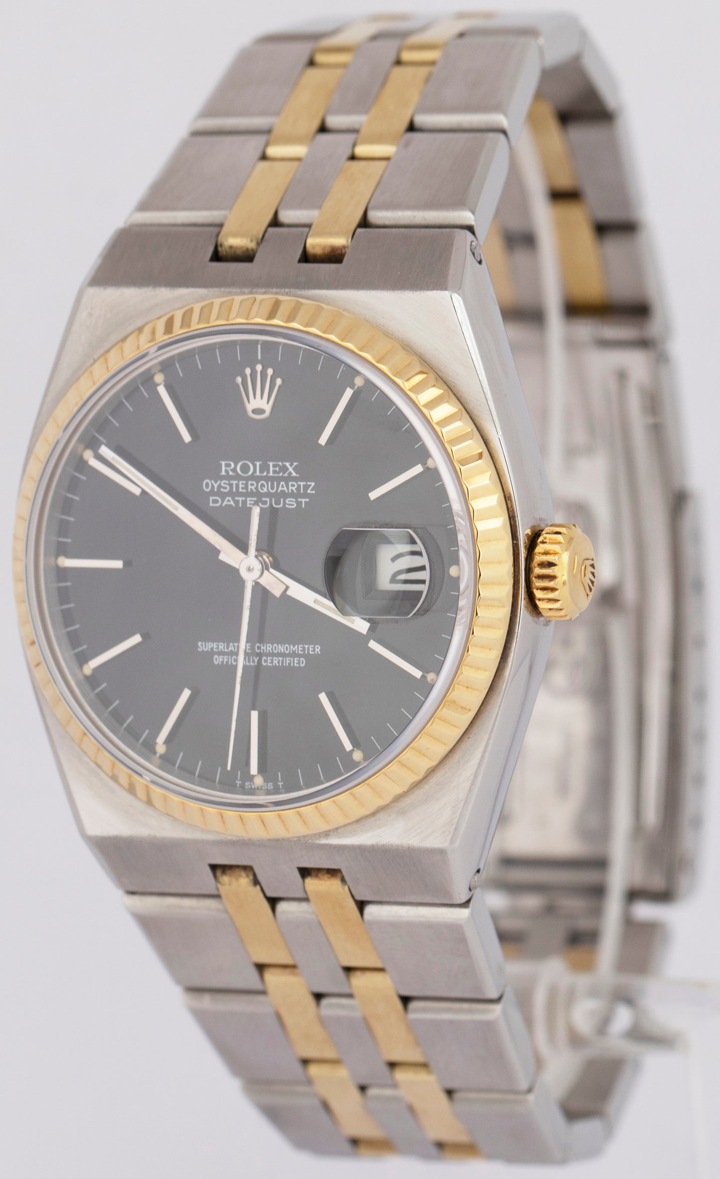 MINT Rolex Oysterquartz DateJust 36mm Black Two-Tone 18K Yellow Gold Watch 17013