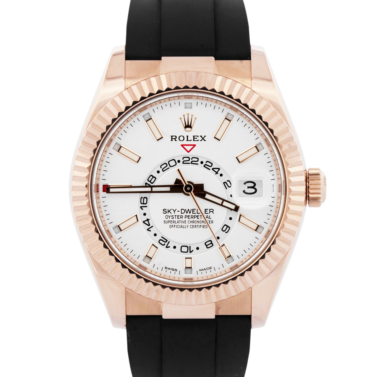 PAPERS Rolex Sky-Dweller WHITE 18K Rose Gold Fluted Oysterflex 326235 42mm BOX