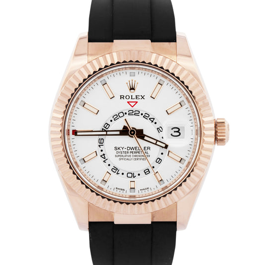 PAPERS Rolex Sky-Dweller WHITE 18K Rose Gold Fluted Oysterflex 326235 42mm BOX
