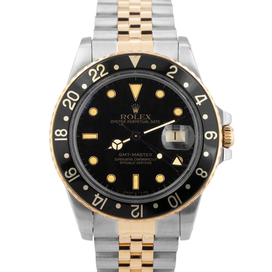 Rolex GMT-Master Black 40mm Two Tone 18K Yellow Gold Jubilee Date Watch 16753