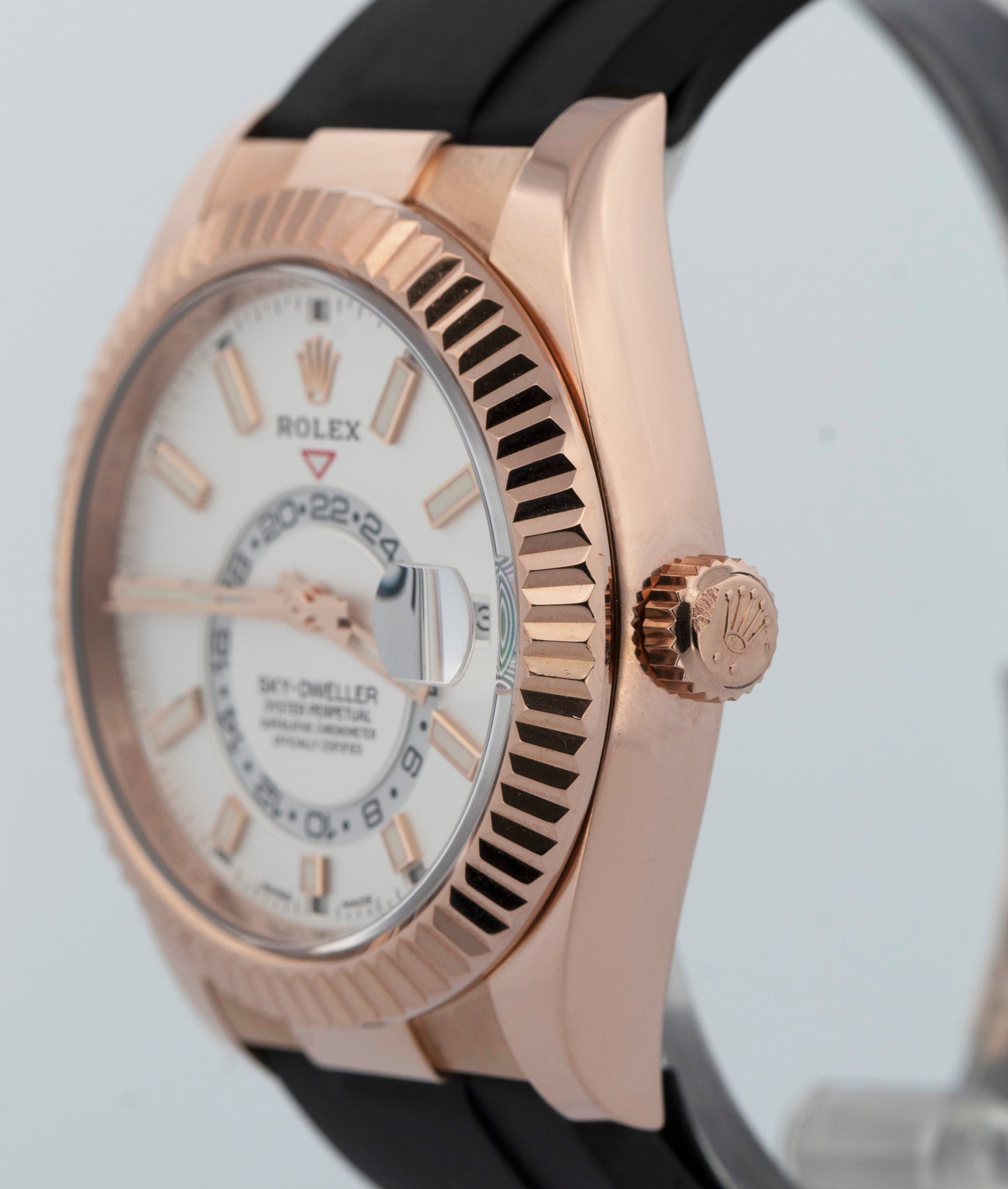 PAPERS Rolex Sky-Dweller WHITE 18K Rose Gold Fluted Oysterflex 326235 42mm BOX