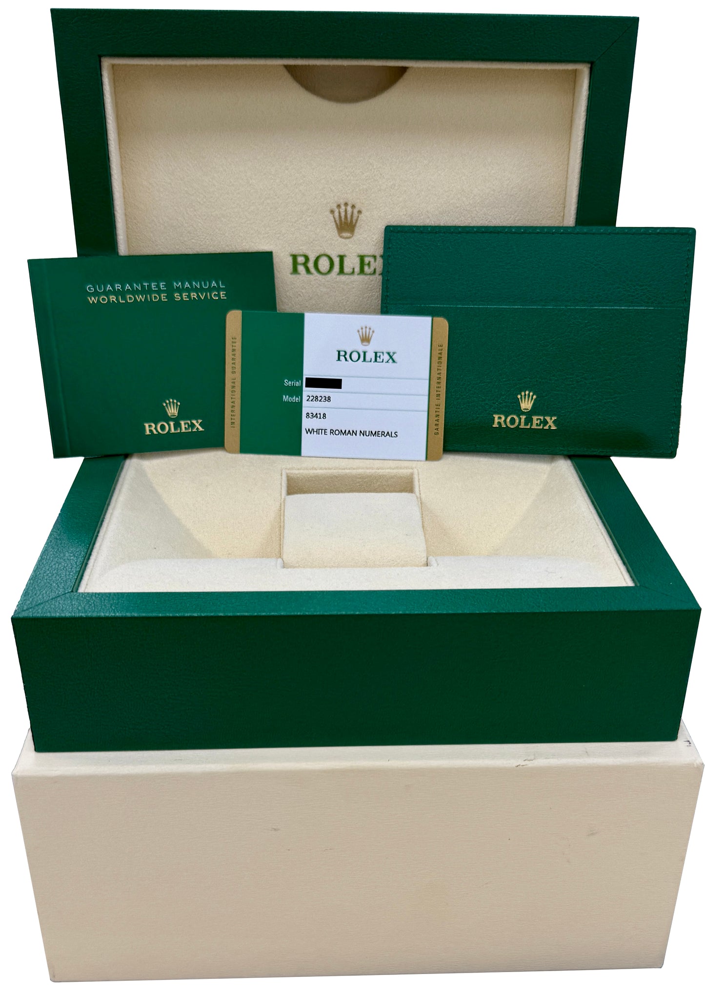 PAPERS Rolex Day-Date President 40mm WHITE ROMAN 18K Yellow Gold 228238 BOX