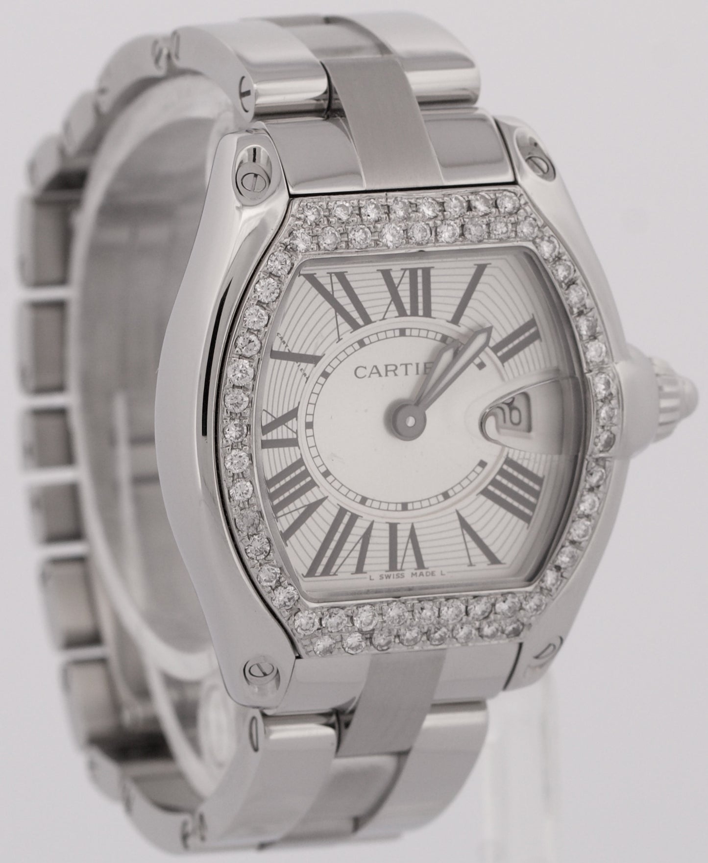 MINT Ladies Cartier Roadster SILVER Roman 2675 31mm Quartz Stainless Steel Watch