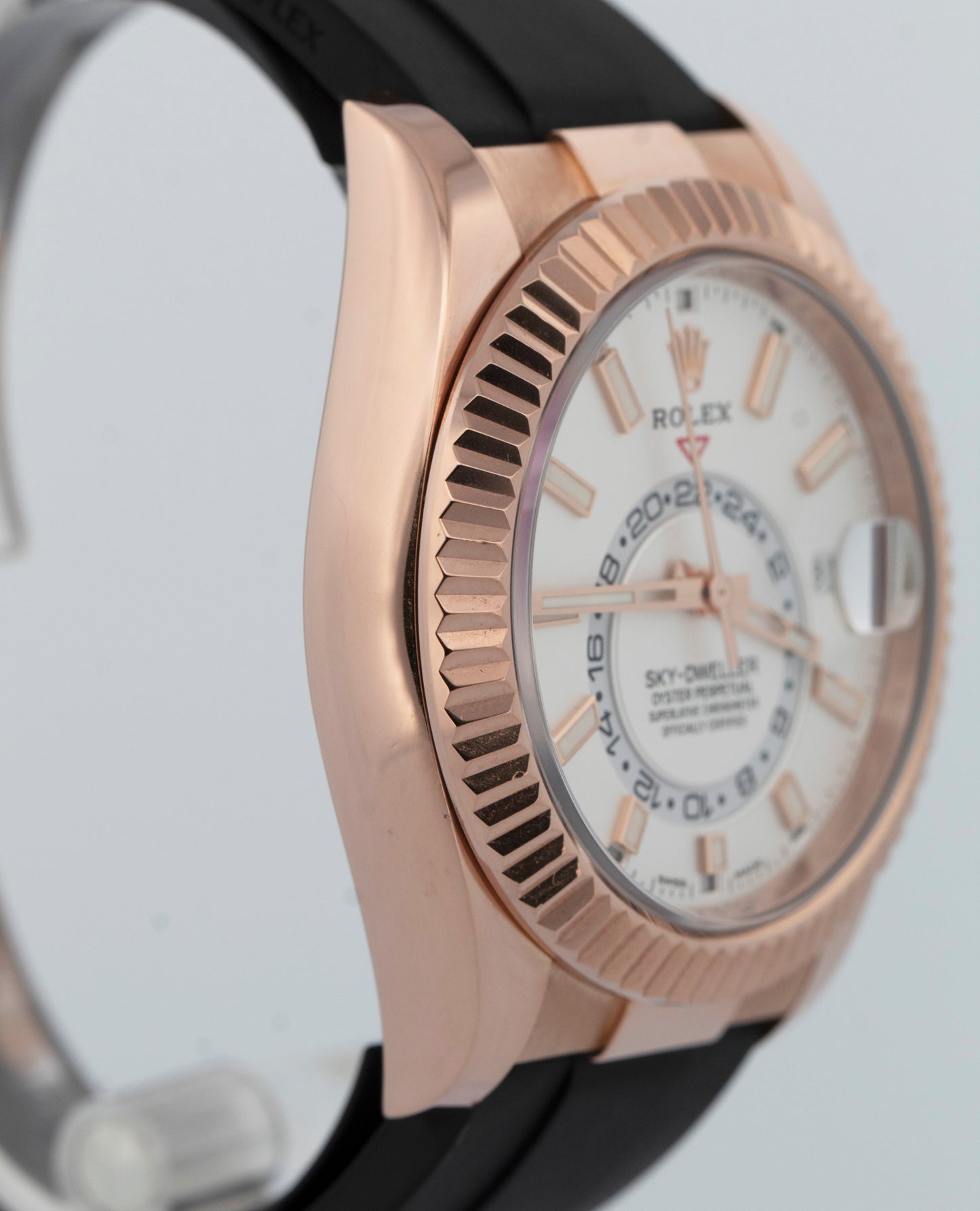 PAPERS Rolex Sky-Dweller WHITE 18K Rose Gold Fluted Oysterflex 326235 42mm BOX