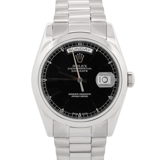 Rolex Day-Date President Black 36mm 18k White Gold Smooth Bezel Watch 118209