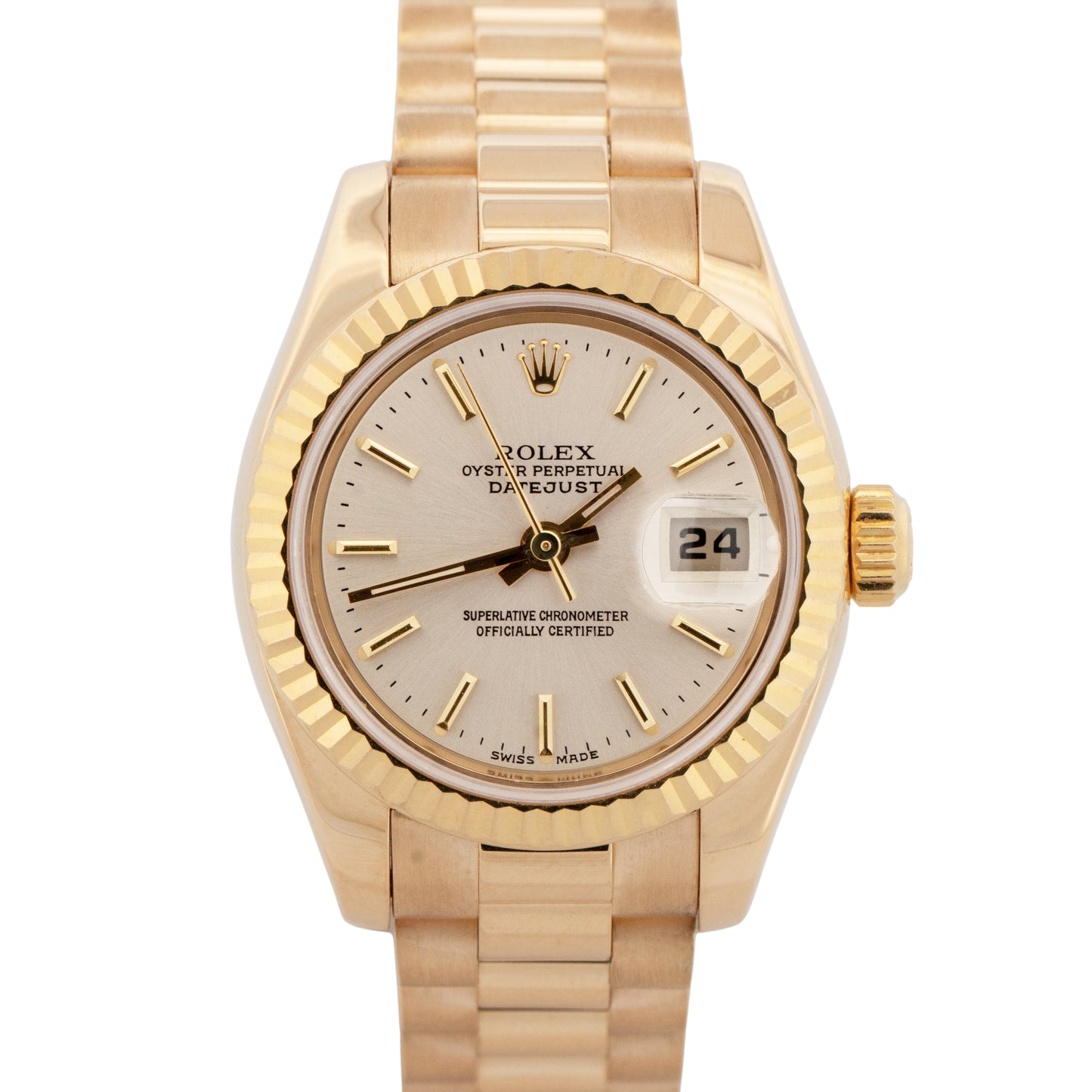 Ladies Rolex DateJust President 26mm Silver 18K Yellow Gold 179178 Watch