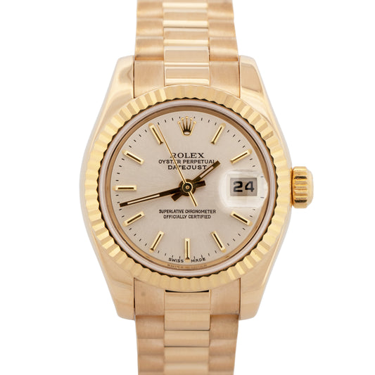 Ladies Rolex DateJust President 26mm Silver 18K Yellow Gold 179178 Watch