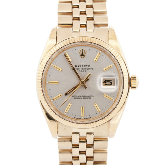 VINTAGE Rolex Oyster Perpetual Date 34mm Silver 14K Yellow Gold JUBILEE 1503