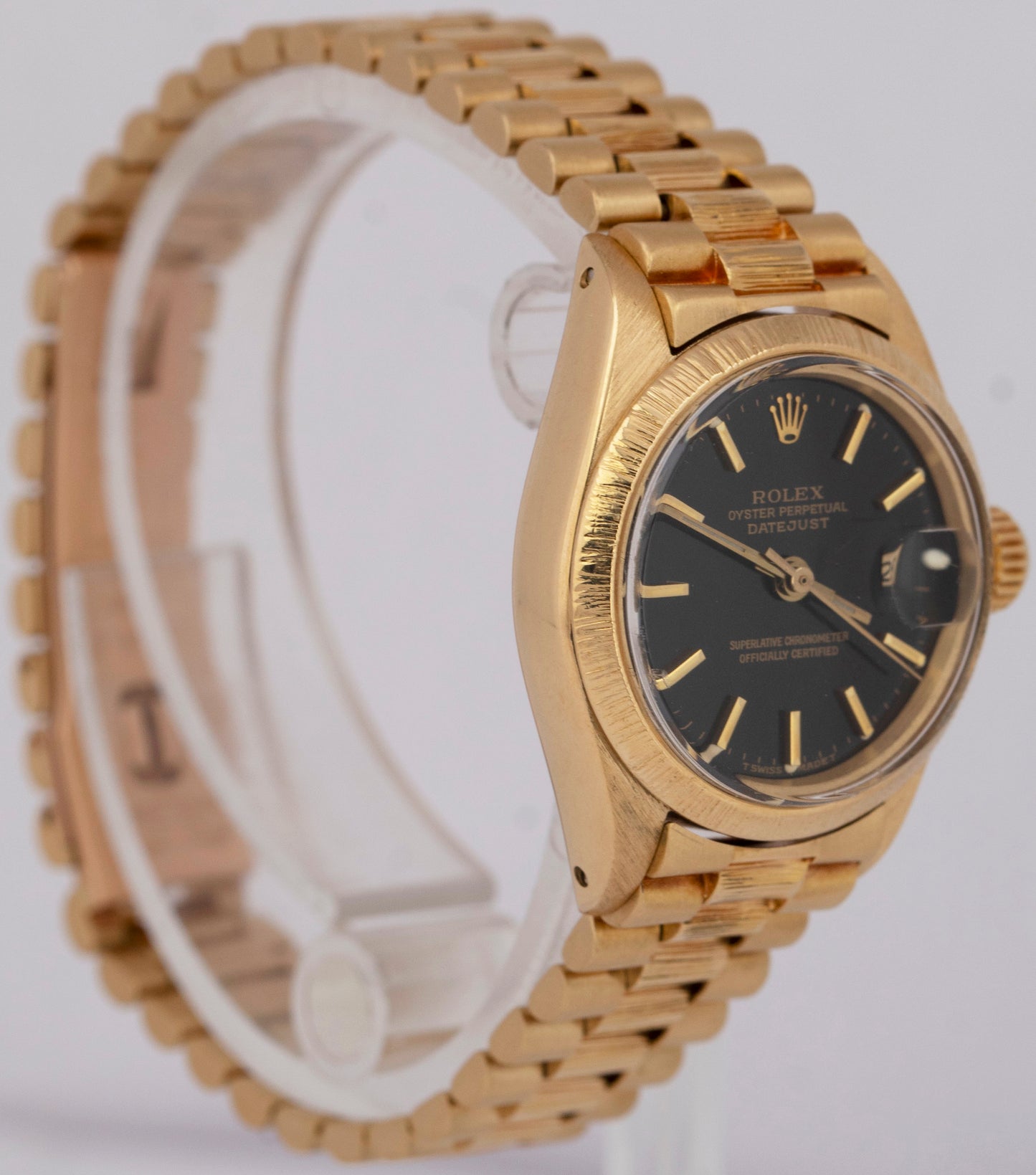 Ladies Rolex DateJust President Black 26mm BARK 18K Yellow Gold 6927 Watch