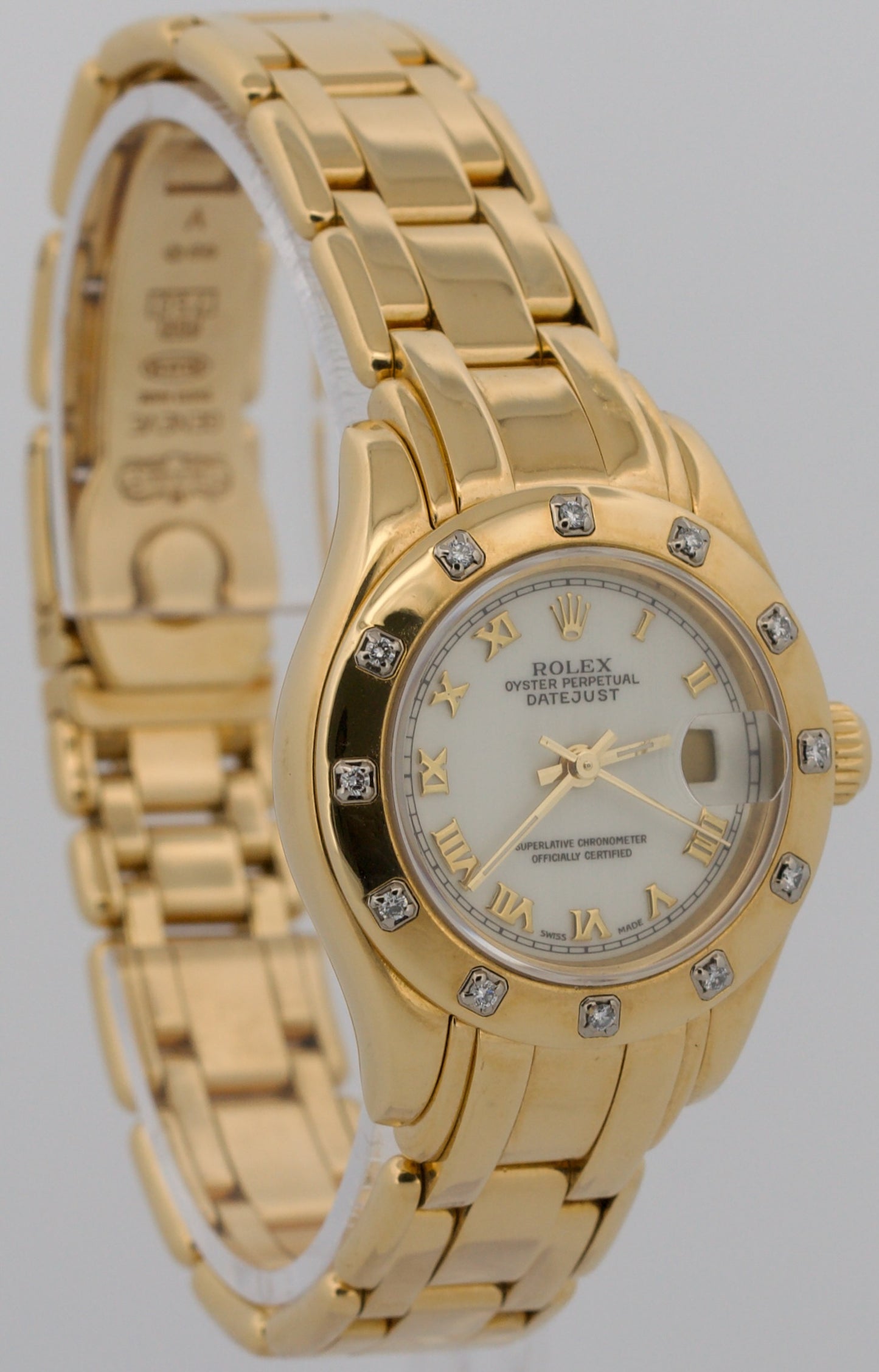 Ladies Rolex DateJust Pearlmaster DIAMOND WHITE ROMAN 18K Yellow Gold 29mm 69318