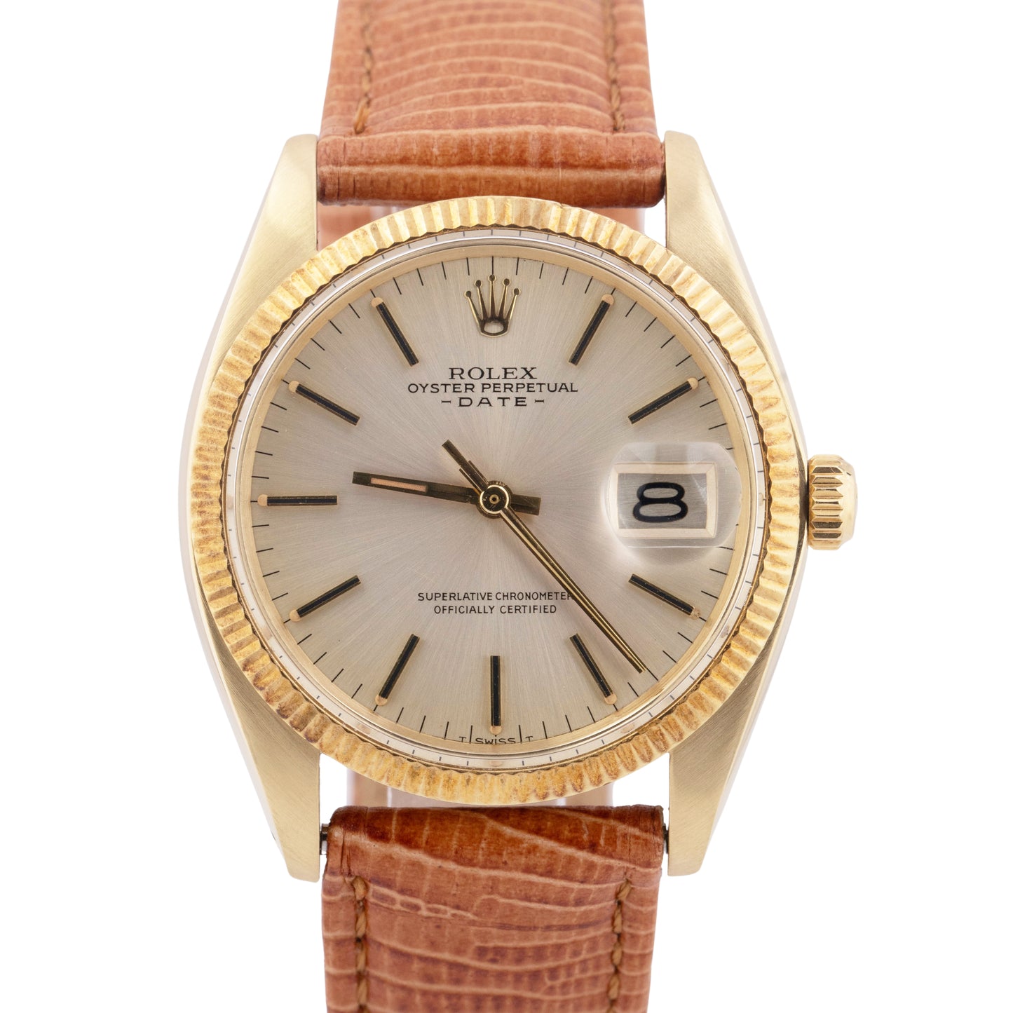 Rolex Oyster Perpetual Date 34mm Silver 14K Yellow Gold Leather Strap Watch 1503